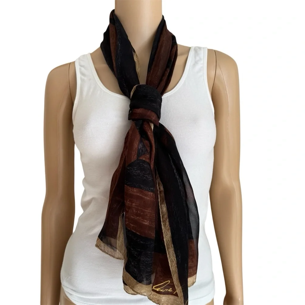 Anne Klein Black Brown Tan Oblong Skinny Silk Scarf - Picture 10 of 10